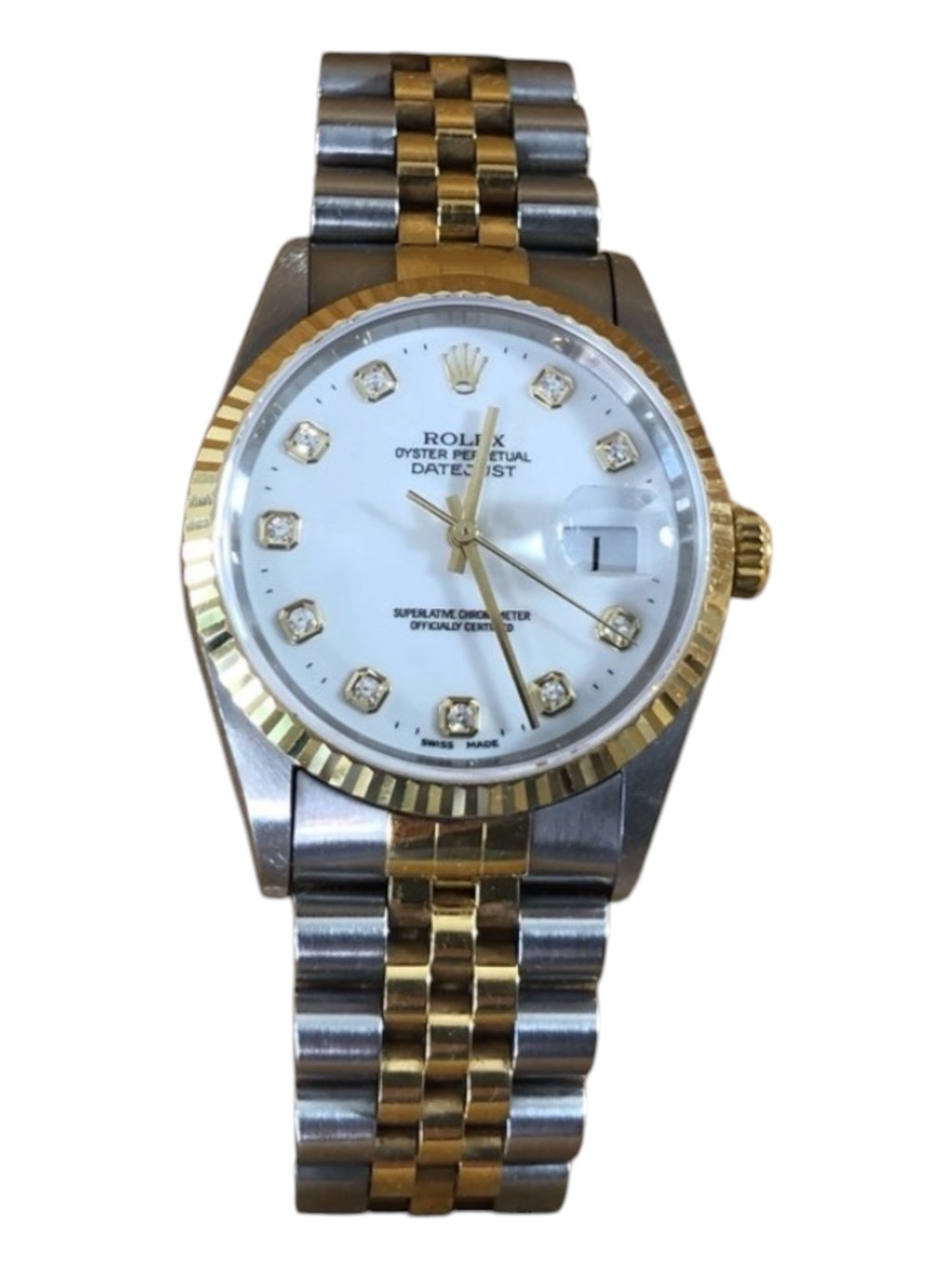 Men’s Rolex Oyster Watch with 10 Diamonds & White Face, Date, 18K Gold + Steel